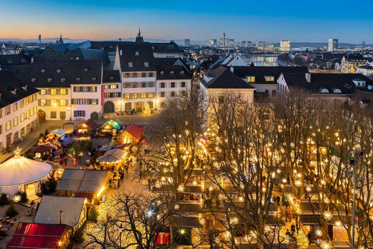 European village with twinkling lights decorated the christmas markets