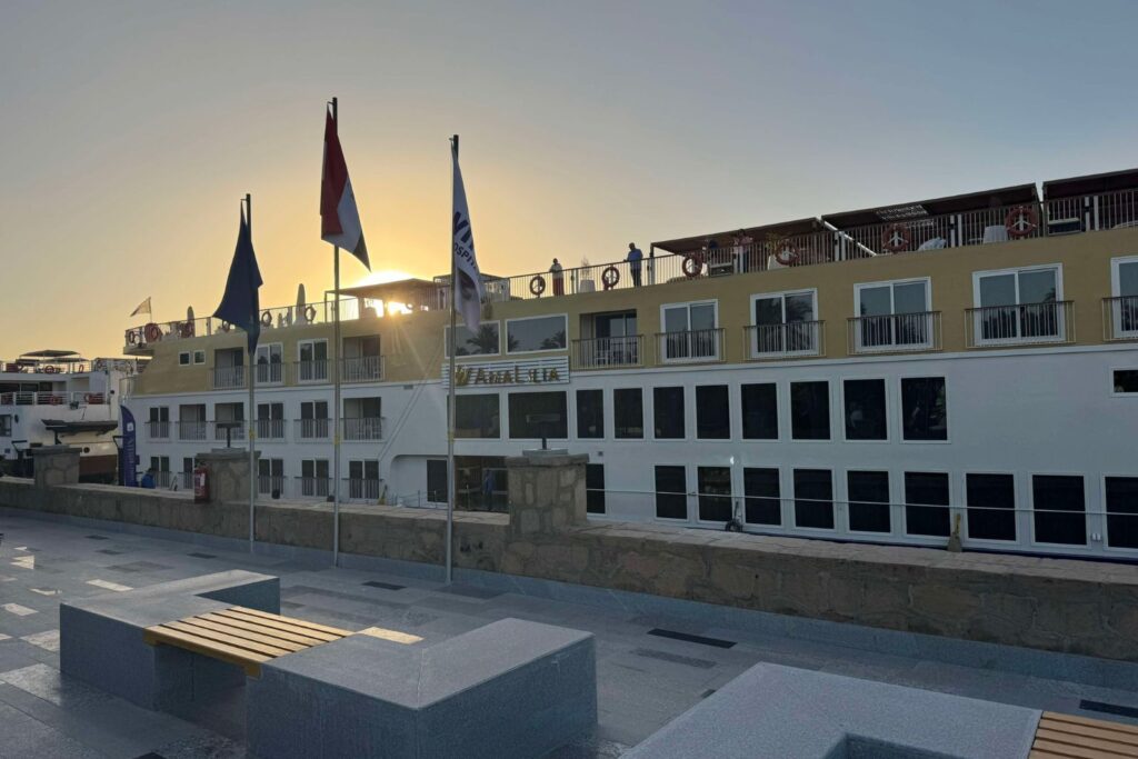 AmaWaterways AmaLilia river cruise ship docked in Luxor at sunset
